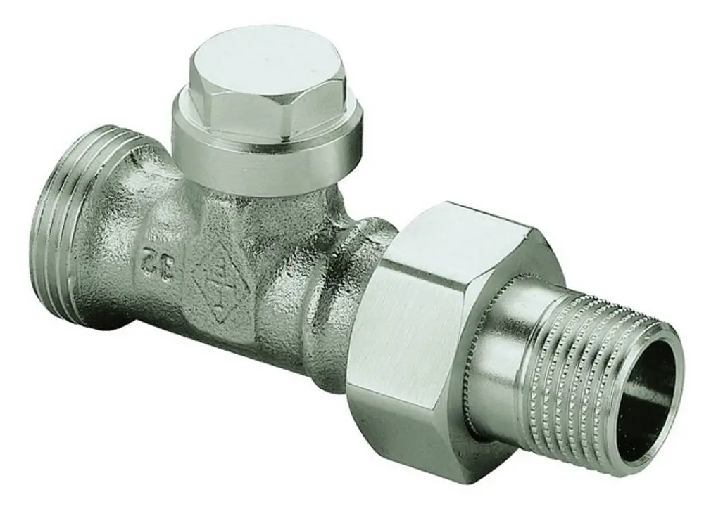 Metallene Verschraubung mit zwei Außengewinden, die für regulierte Durchgänge in der Heizungsinstallation verwendet wird. Produkt von IMI Hydronic Engineering.
